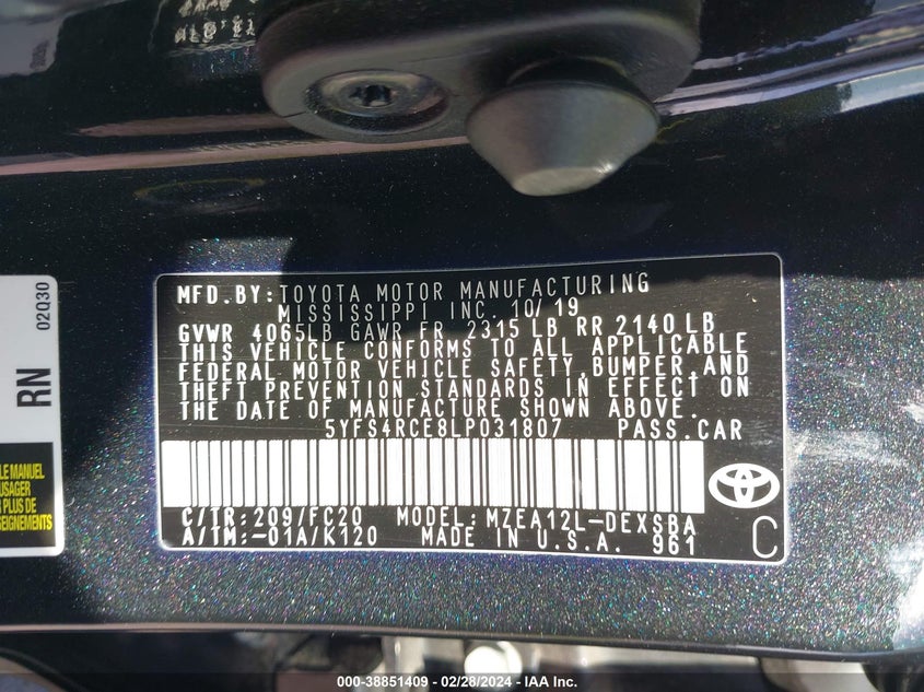 VIN 5YFS4RCE8LP031807 2020 TOYOTA COROLLA SE/NIGHT SHADE