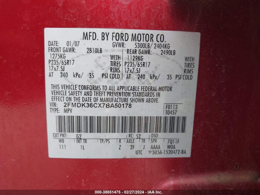 2FMDK36CX7BA50178 2007 Ford Edge Se