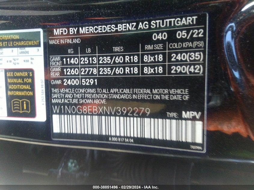 2022 MERCEDES-BENZ GLC VIN: W1N0G8EBXNV392279