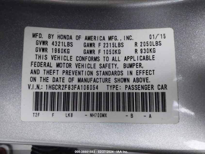 2015 HONDA ACCORD EX-L - 1HGCR2F83FA106054