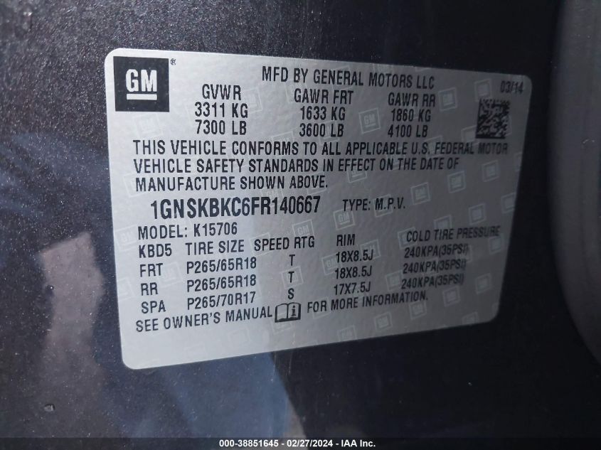 1GNSKBKC6FR140667 2015 Chevrolet Tahoe Lt