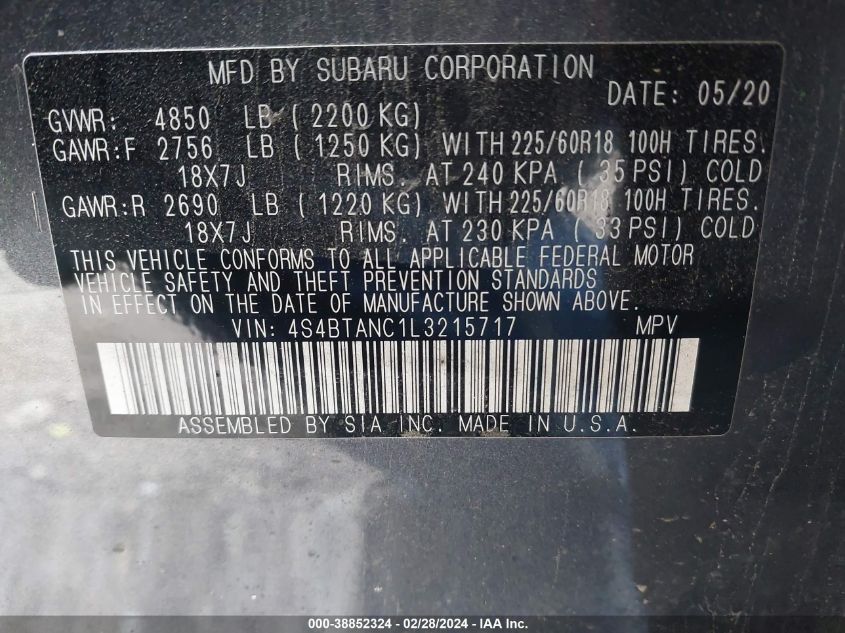 2020 SUBARU OUTBACK LIMITED - 4S4BTANC1L3215717