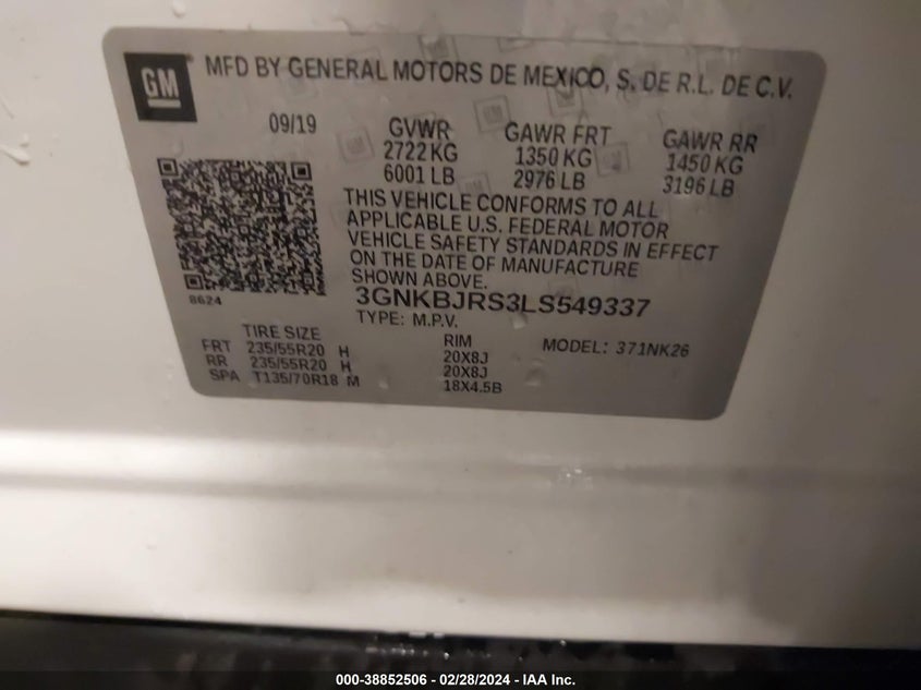 VIN 3GNKBJRS3LS549337 2020 CHEVROLET BLAZER 3LT