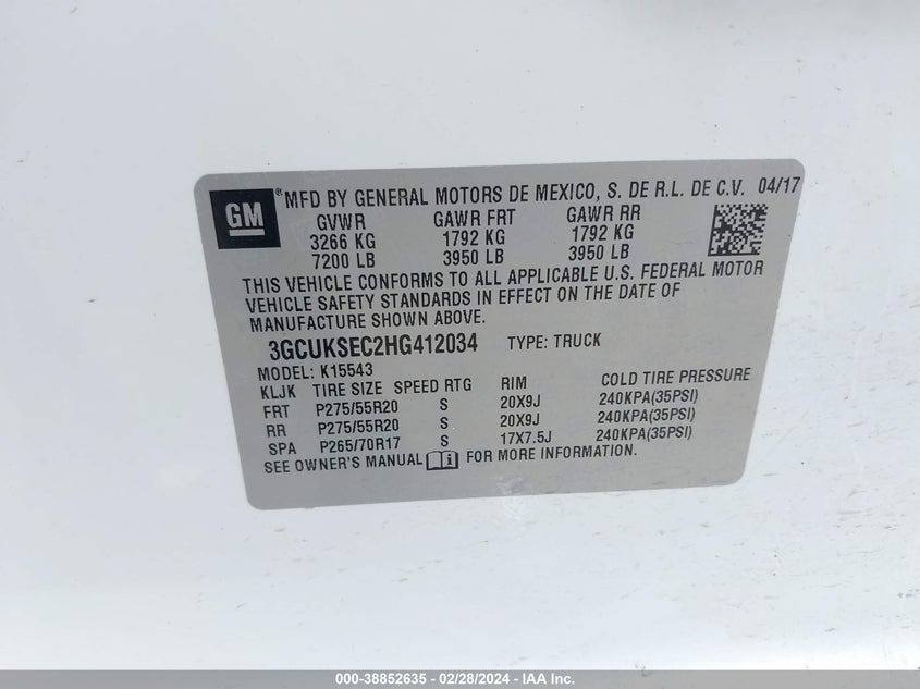 2017 CHEVROLET SILVERADO 1500 K1500 LTZ - 3GCUKSEC2HG412034