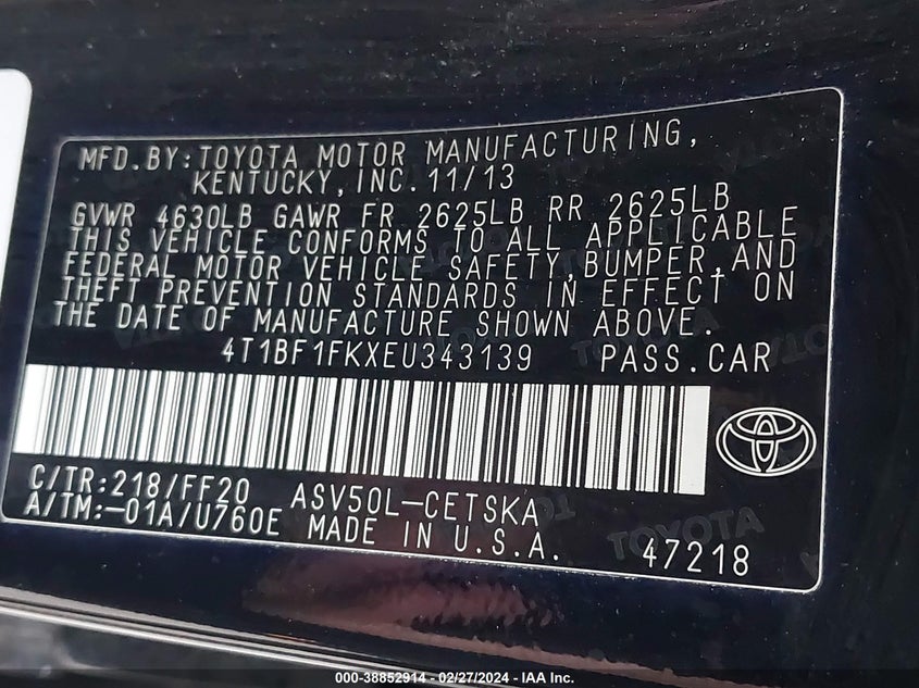 2014 TOYOTA CAMRY L/SE/LE/XLE - 4T1BF1FKXEU343139