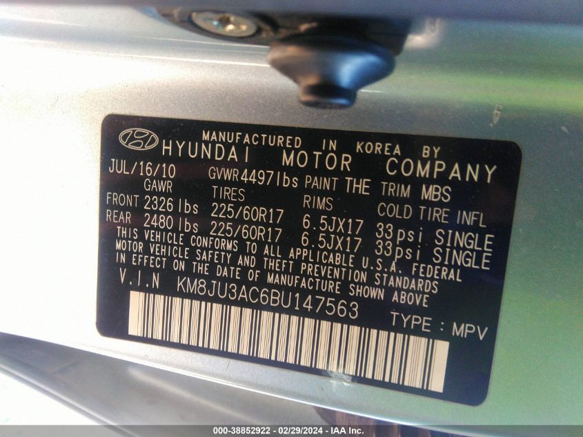 KM8JU3AC6BU147563 2011 Hyundai Tucson Gls