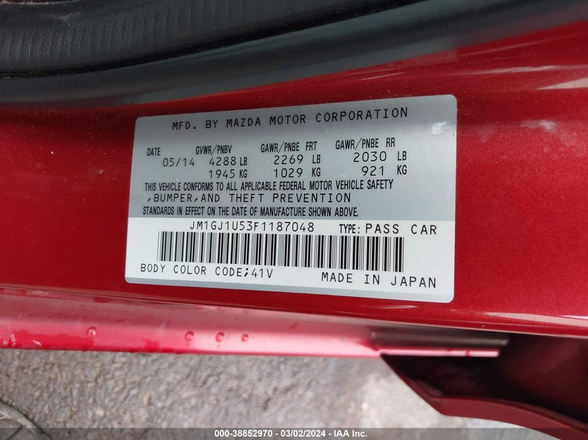 2015 MAZDA 6 VIN: JM1GJ1U53F1187048