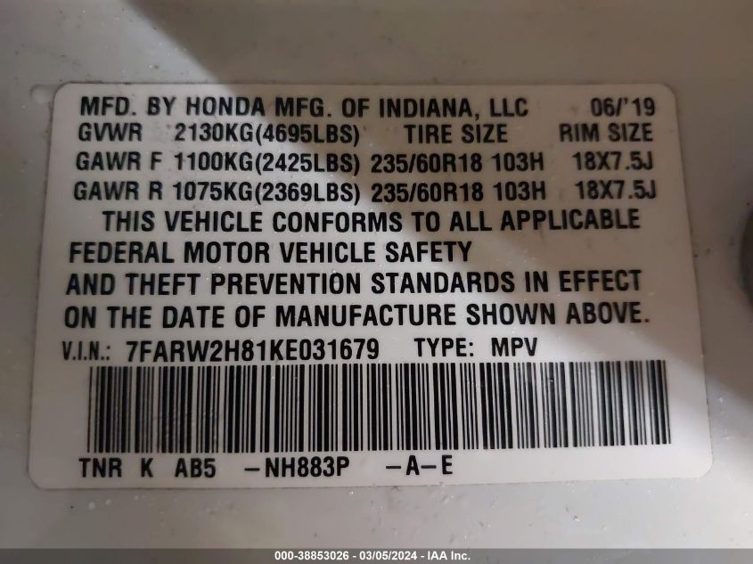 2019 Honda Cr-V Ex-L VIN: 7FARW2H81KE031679 Lot: 38853026