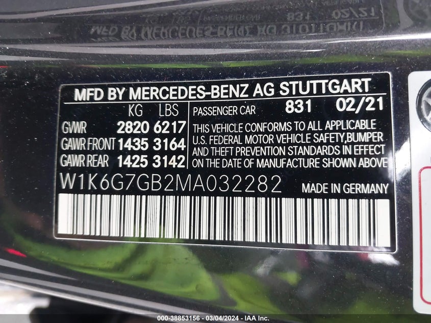 2021 MERCEDES-BENZ S-CLASS VIN: W1K6G7GB2MA032282
