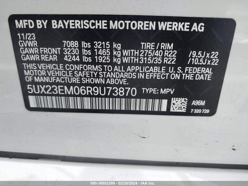 VIN 5UX23EM06R9U73870 2024 BMW X7 XDRIVE40I
