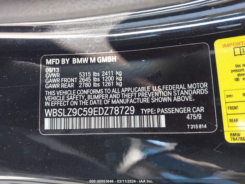 2014 BMW M6 VIN: WBSLZ9C59EDZ78729 Lot: 38853646