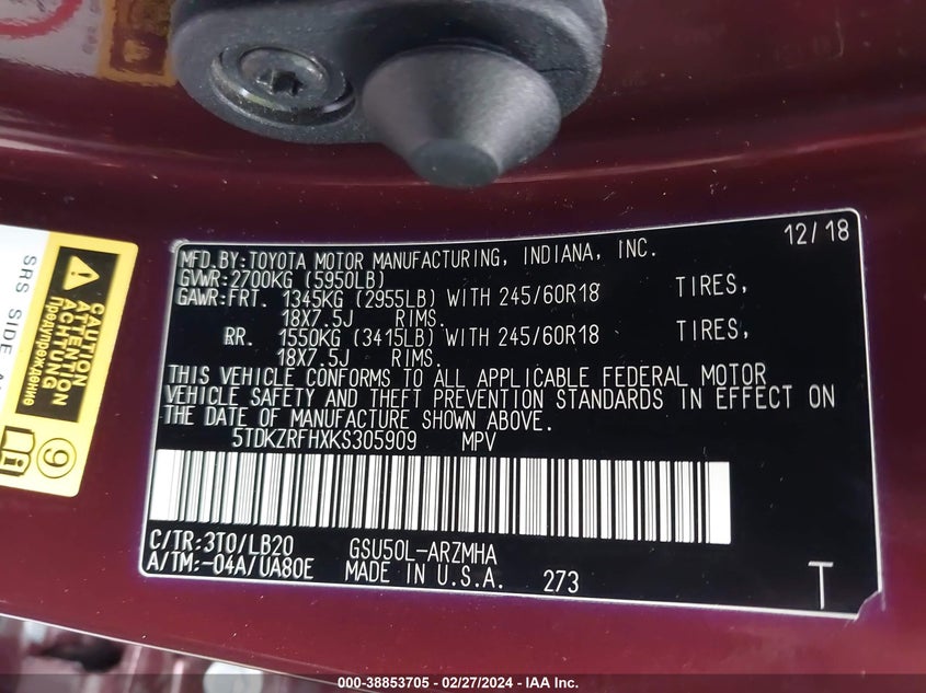 2019 TOYOTA HIGHLANDER VIN: 5TDKZRFHXKS305909