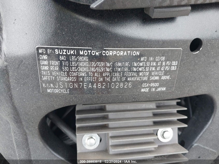 2008 SUZUKI GSX-R600 - JS1GN7EA482102826
