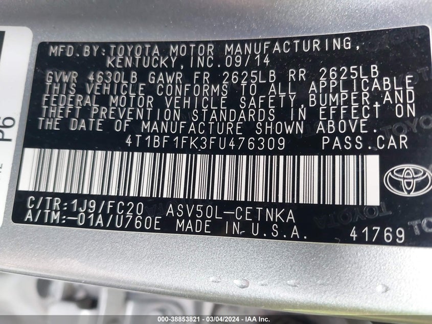 2015 TOYOTA CAMRY LE/XLE/SE/XSE - 4T1BF1FK3FU476309