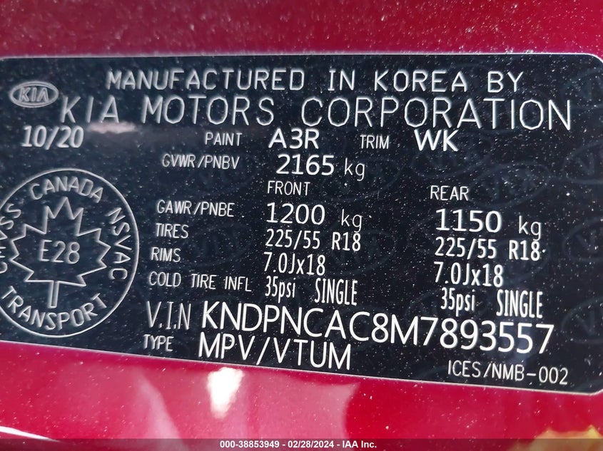 VIN KNDPNCAC8M7893557 2021 KIA SPORTAGE EX