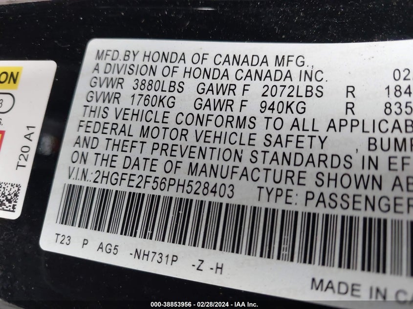VIN 2HGFE2F56PH528403 2023 HONDA CIVIC SPORT