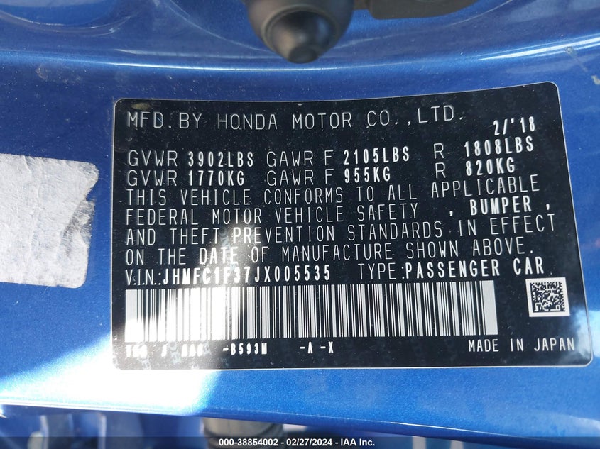 VIN JHMFC1F37JX005535 2018 HONDA CIVIC EX