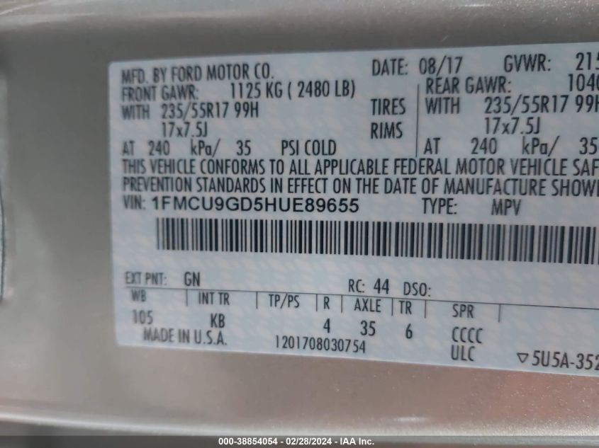 1FMCU9GD5HUE89655 2017 Ford Escape Se