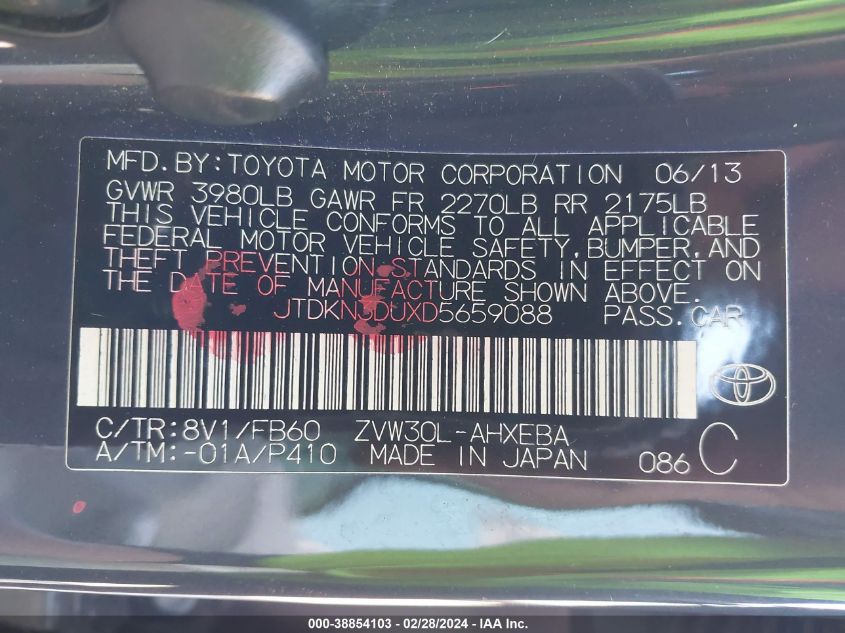 2013 Toyota Prius Three VIN: JTDKN3DUXD5659088 Lot: 38854103