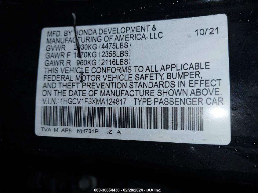 1HGCV1F3XMA124817 2021 Honda Accord Sport