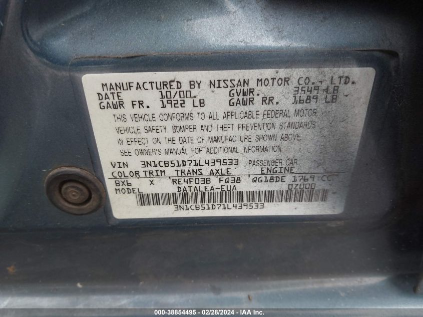 2001 Nissan Sentra Gxe VIN: 3N1CB51D71L439533 Lot: 38854495