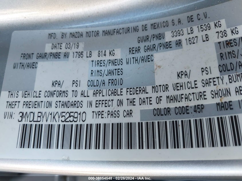 VIN 3MYDLBYV1KY525910 2019 TOYOTA YARIS L