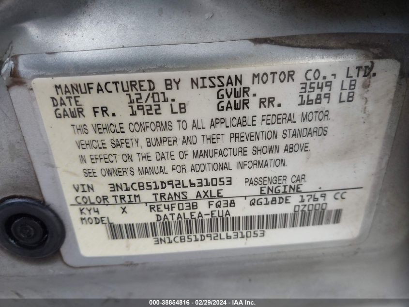 2002 Nissan Sentra Gxe VIN: 3N1CB51D92L631053 Lot: 38854816