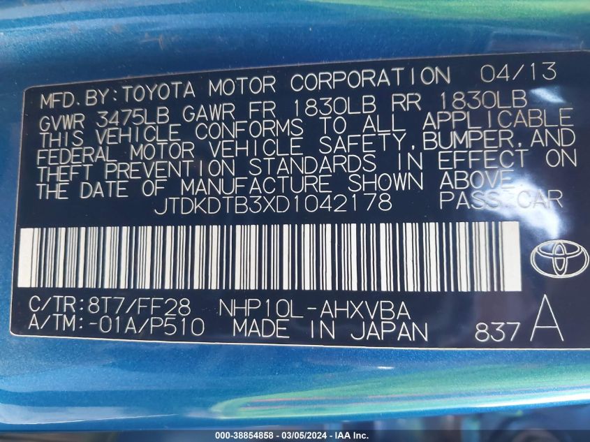 JTDKDTB3XD1042178 2013 Toyota Prius C Two