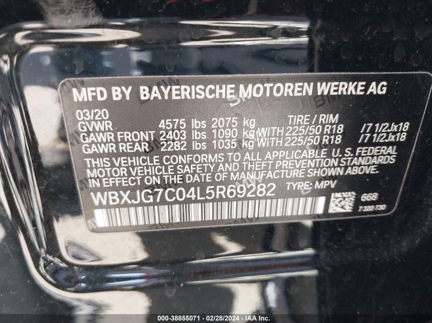 2020 BMW X1 Sdrive28I VIN: WBXJG7C04L5R69282 Lot: 38855071