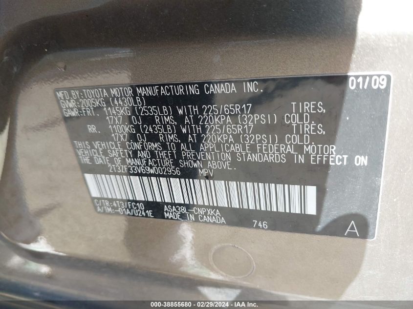 2T3ZF33V69W002956 2009 Toyota Rav4