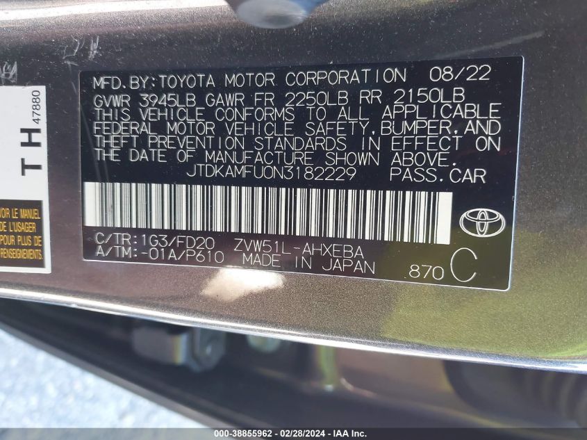 2022 Toyota Prius Le VIN: JTDKAMFU0N3182229 Lot: 38855962