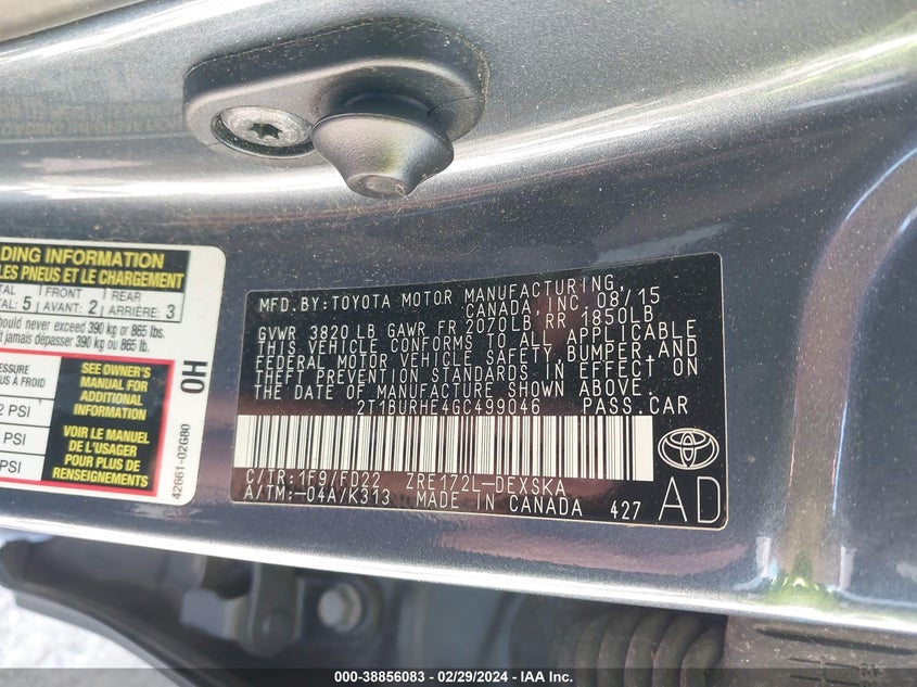 2016 TOYOTA COROLLA S PLUS - 2T1BURHE4GC499046