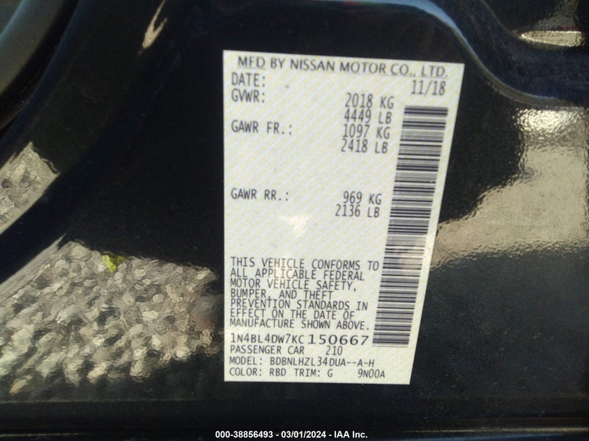 VIN 1N4BL4DW7KC150667 2019 NISSAN ALTIMA SV