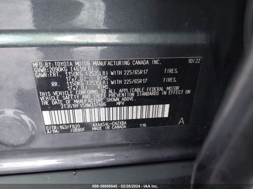 VIN 2T3G1RFV5NW317486 2022 TOYOTA RAV4 no.9