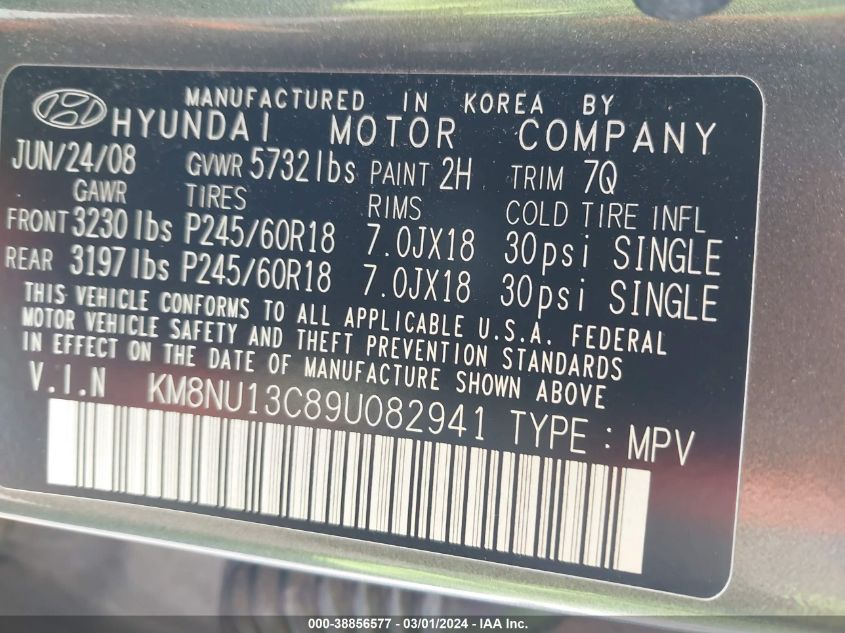 2009 Hyundai Veracruz Limited VIN: KM8NU13C89U082941 Lot: 38856577