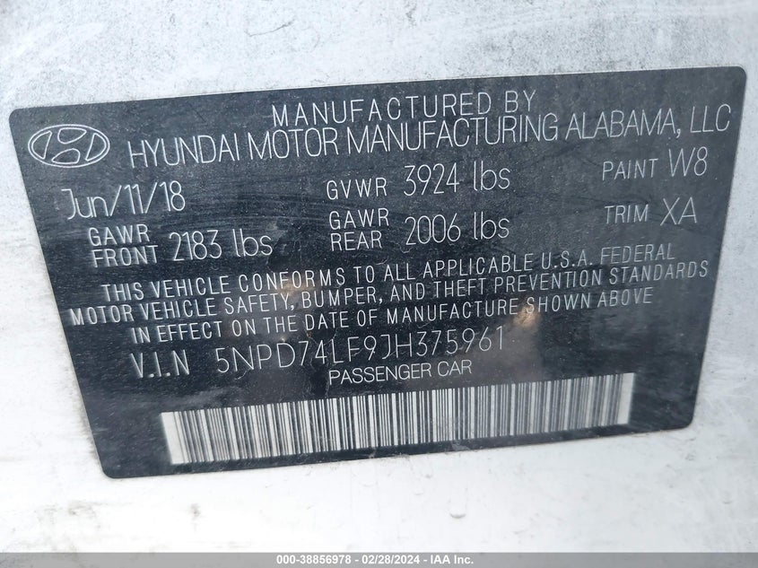 VIN 5NPD74LF9JH375961 2018 HYUNDAI ELANTRA SE