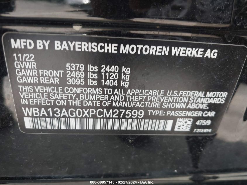 2023 BMW 530E VIN: WBA13AG0XPCM27599 Lot: 38857143