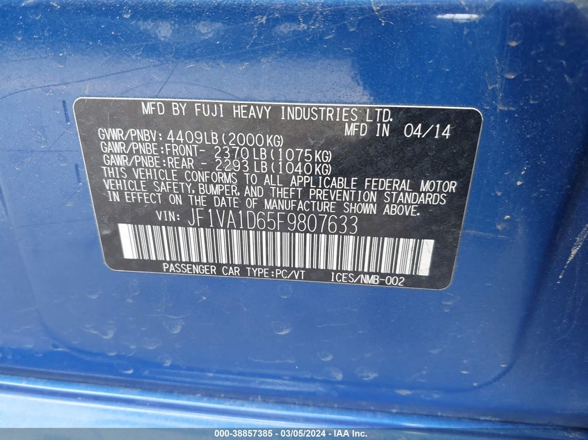 2015 SUBARU WRX PREMIUM - JF1VA1D65F9807633