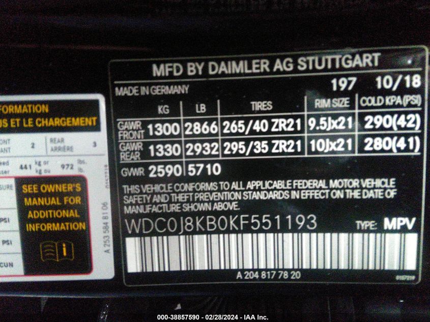 WDC0J8KB0KF551193 2019 Mercedes-Benz Amg Glc 63 Coupe S 4Matic