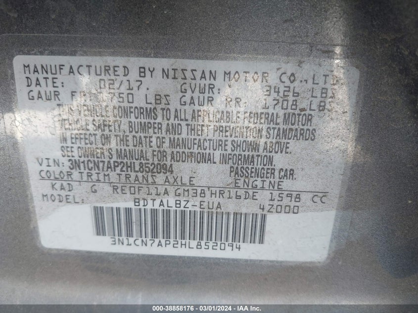 2017 NISSAN VERSA 1.6 SV - 3N1CN7AP2HL852094