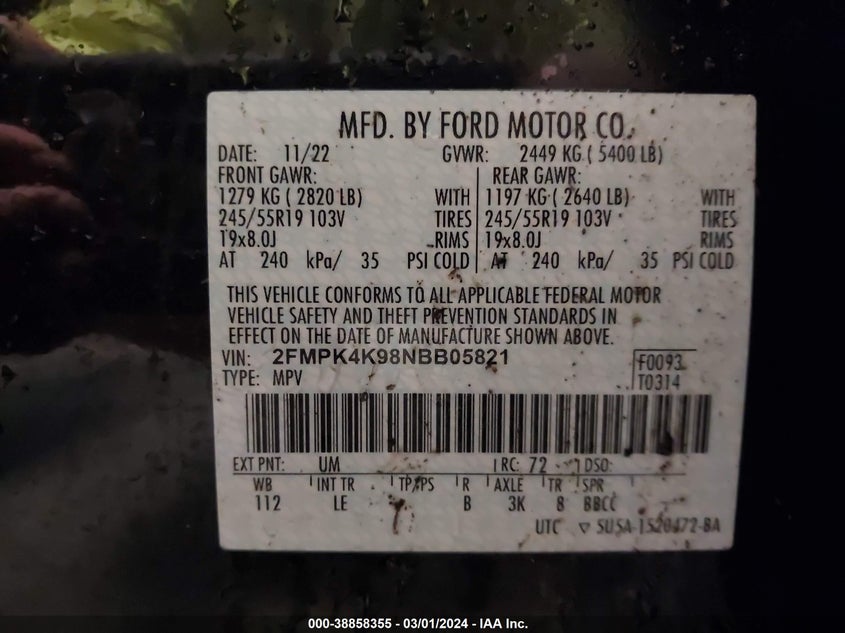 VIN 2FMPK4K98NBB05821 2022 FORD EDGE TITANIUM