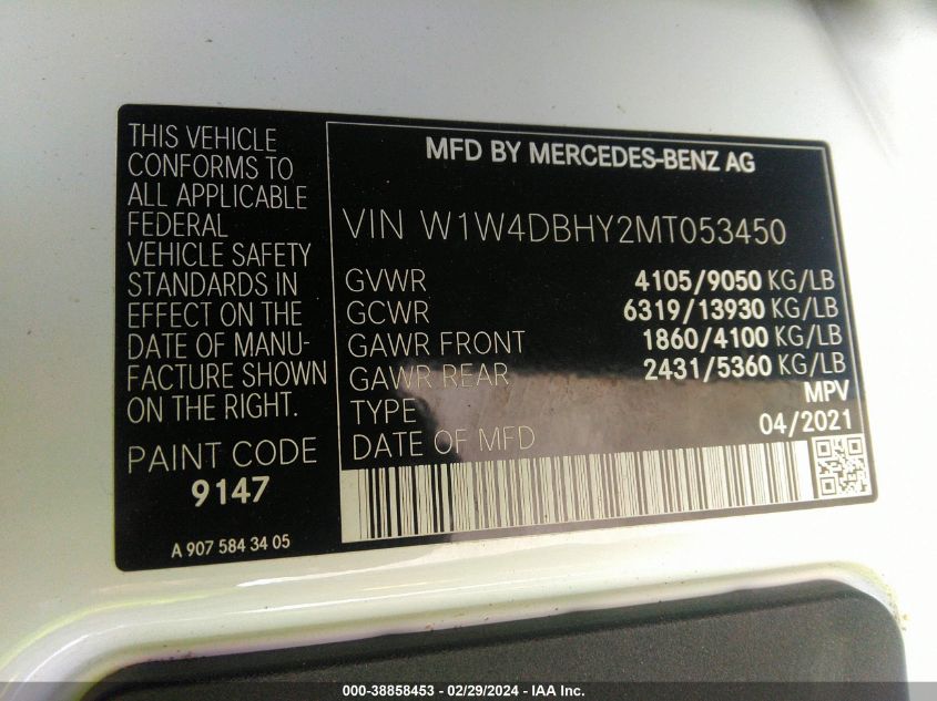 2021 Mercedes-Benz Sprinter 2500 Standard Roof I4 Diesel VIN: W1W4DBHY2MT053450 Lot: 38858453