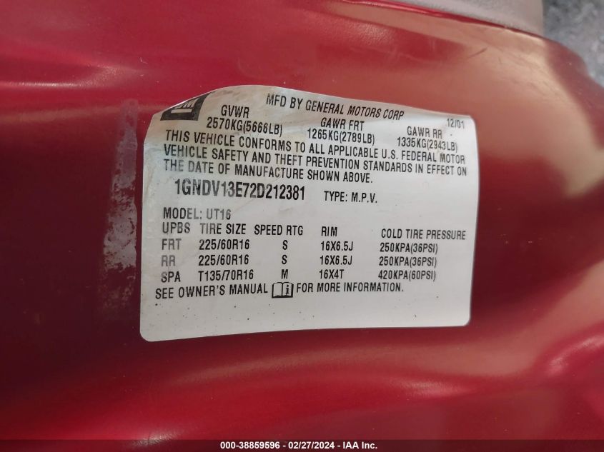 2002 Chevrolet Venture Warner Bros. Edition VIN: 1GNDV13E72D212381 Lot: 38859596