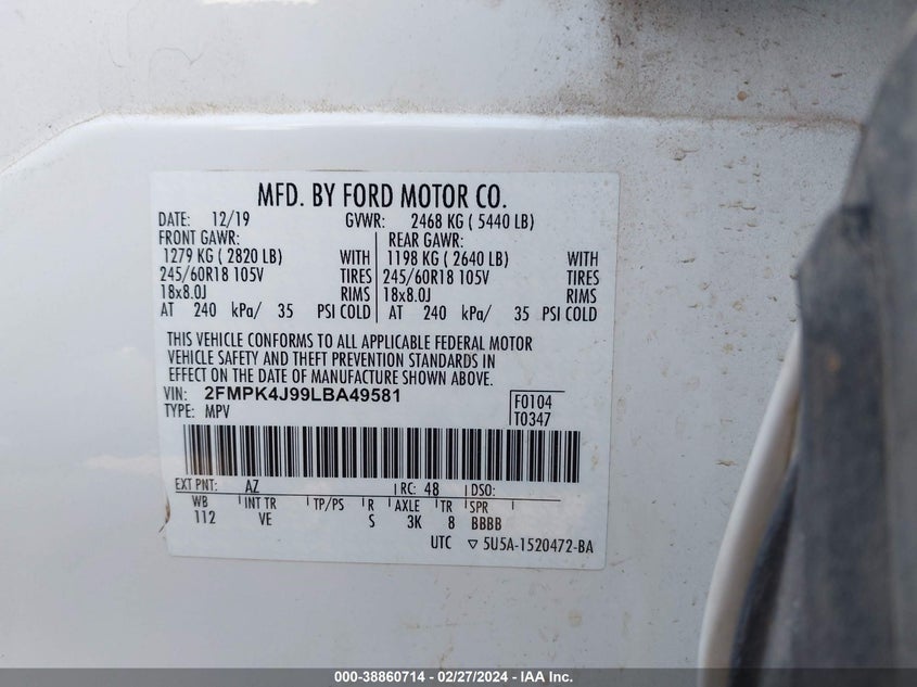 VIN 2FMPK4J99LBA49581 2020 FORD EDGE SEL