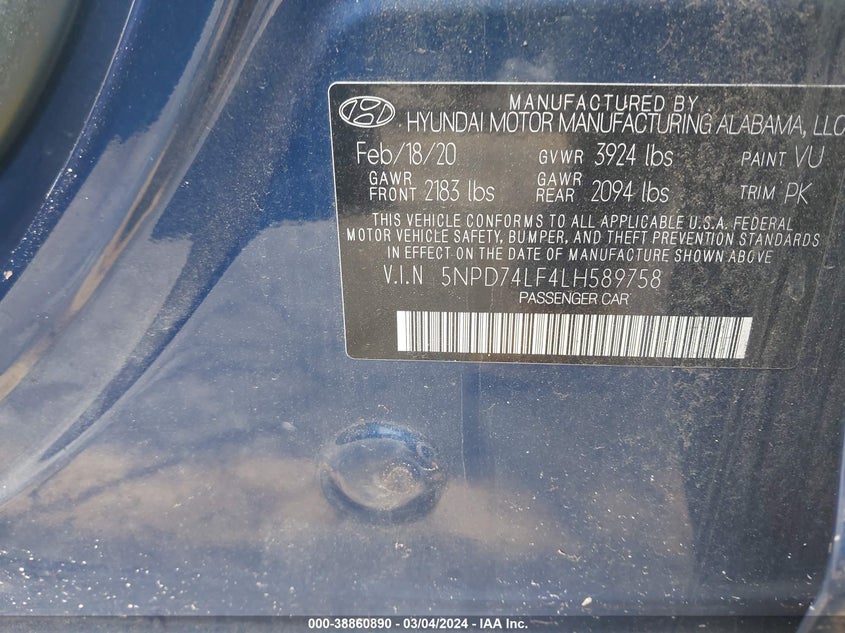 VIN 5NPD74LF4LH589758 2020 HYUNDAI ELANTRA SE