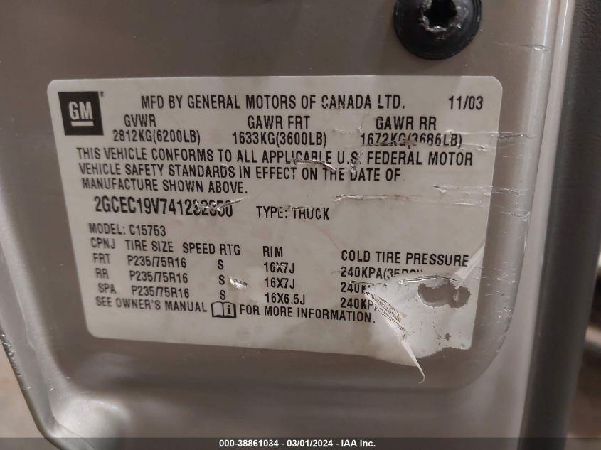 2004 Chevrolet Silverado 1500 Ls VIN: 2GCEC19V741232350 Lot: 38861034