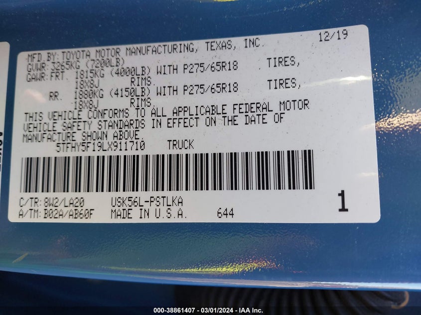 2020 TOYOTA TUNDRA LIMITED - 5TFHY5F19LX911710