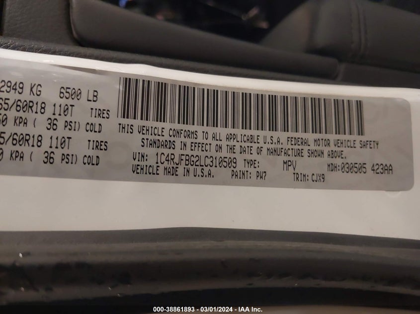 VIN 1C4RJFBG2LC310509 2020 JEEP GRAND CHEROKEE LIMITED 4X4