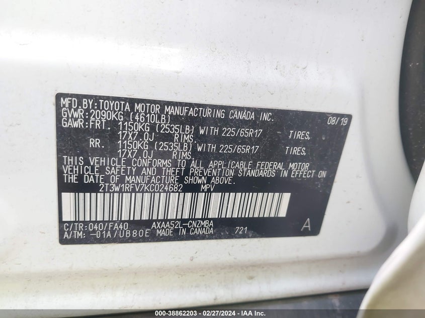 2019 TOYOTA RAV4 XLE - 2T3W1RFV7KC024682