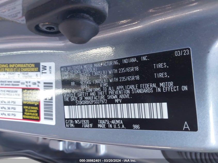 2023 TOYOTA HIGHLANDER VIN: 5TDKDRBH2PS027972